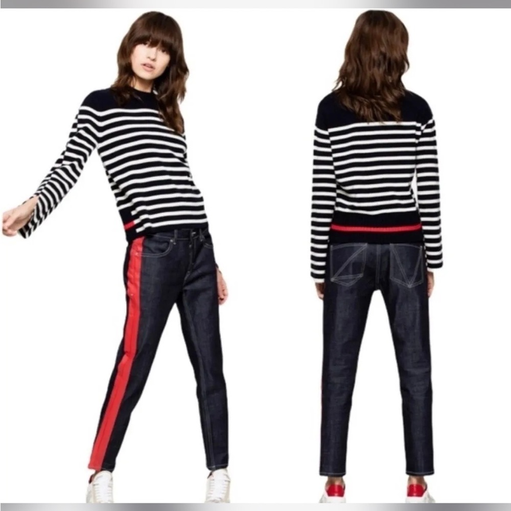 ZADIG & VOLTAIRE BUTTON FLY DARK WASH RED STRIPE BORDER CROPPED JEANS SZ 27